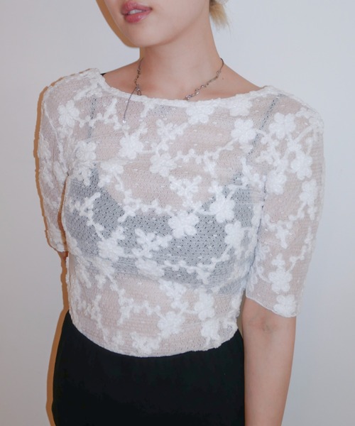HONEY MI HONEY(ハニーミーハニー)の「molle embroidery lace short sleeve body suit(Tシャツ/カットソー・レディース・ピンク/ブラック/ホワイト・FREE)」の9枚目の写真