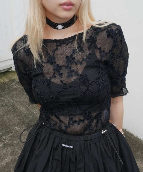 HONEY MI HONEY(ハニーミーハニー)の「molle embroidery lace short sleeve body suit(Tシャツ/カットソー・レディース・ピンク/ブラック/ホワイト・FREE)」の12枚目の写真