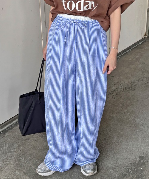 ISOOK(アイスー)の「【ISOOK / アイスー】シアサッカーストライプ配色ワイドパンツ / イージーパンツ ウエストゴム 紐 柄パンツ ZOZOTOWN限定(その他パンツ・レディース・ネイビー/ブルー・FREE)」の19枚目の写真