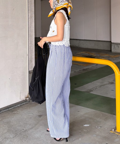 ISOOK(アイスー)の「【ISOOK / アイスー】シアサッカーストライプ配色ワイドパンツ / イージーパンツ ウエストゴム 紐 柄パンツ ZOZOTOWN限定(その他パンツ・レディース・ネイビー/ブルー・FREE)」の14枚目の写真