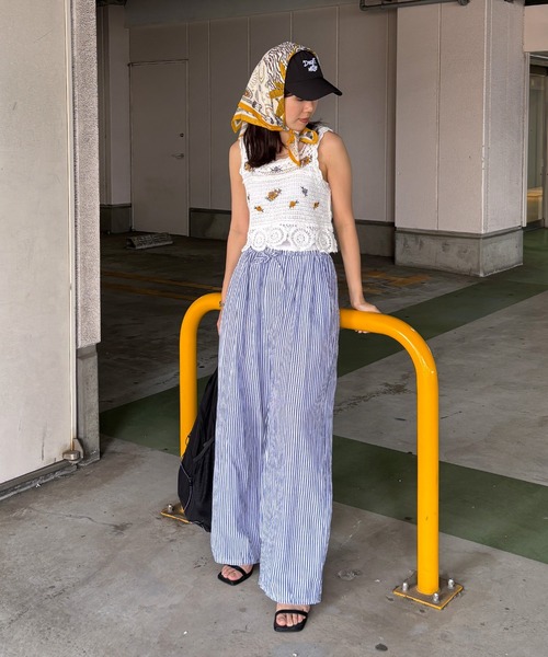 ISOOK(アイスー)の「【ISOOK / アイスー】シアサッカーストライプ配色ワイドパンツ / イージーパンツ ウエストゴム 紐 柄パンツ ZOZOTOWN限定(その他パンツ・レディース・ネイビー/ブルー・FREE)」の15枚目の写真
