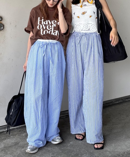 ISOOK(アイスー)の「【ISOOK / アイスー】シアサッカーストライプ配色ワイドパンツ / イージーパンツ ウエストゴム 紐 柄パンツ ZOZOTOWN限定(その他パンツ・レディース・ネイビー/ブルー・FREE)」の8枚目の写真