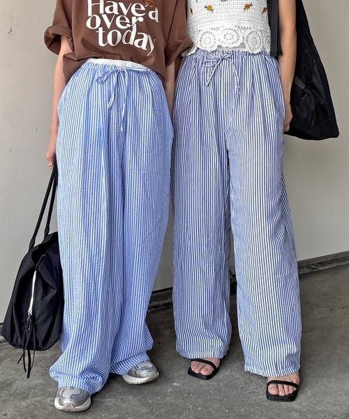 ISOOK(アイスー)の「【ISOOK / アイスー】シアサッカーストライプ配色ワイドパンツ / イージーパンツ ウエストゴム 紐 柄パンツ ZOZOTOWN限定(その他パンツ・レディース・ネイビー/ブルー・FREE)」の9枚目の写真