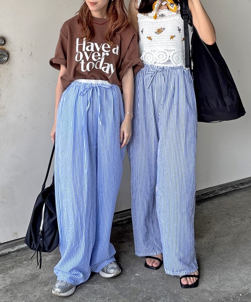 ISOOK(アイスー)の「【ISOOK / アイスー】シアサッカーストライプ配色ワイドパンツ / イージーパンツ ウエストゴム 紐 柄パンツ ZOZOTOWN限定(その他パンツ・レディース・ネイビー/ブルー・FREE)」の10枚目の写真