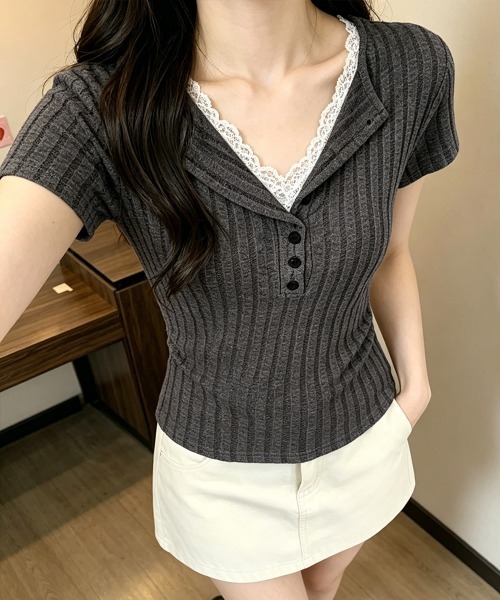 Miniministore（ミニミニストア）の「レースドッキングヘンリーネックリブトップ（Tシャツ/カットソー・レディース・グレイッシュベージュ/チャコールグレー・FREE）」の19枚目の写真