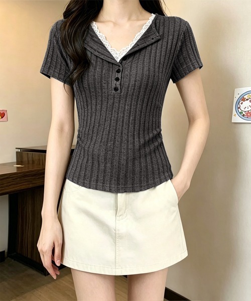 Miniministore（ミニミニストア）の「レースドッキングヘンリーネックリブトップ（Tシャツ/カットソー・レディース・グレイッシュベージュ/チャコールグレー・FREE）」の13枚目の写真