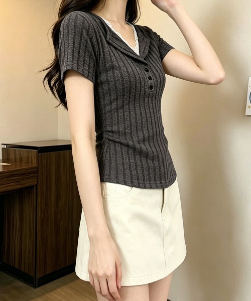 Miniministore（ミニミニストア）の「レースドッキングヘンリーネックリブトップ（Tシャツ/カットソー・レディース・グレイッシュベージュ/チャコールグレー・FREE）」の15枚目の写真