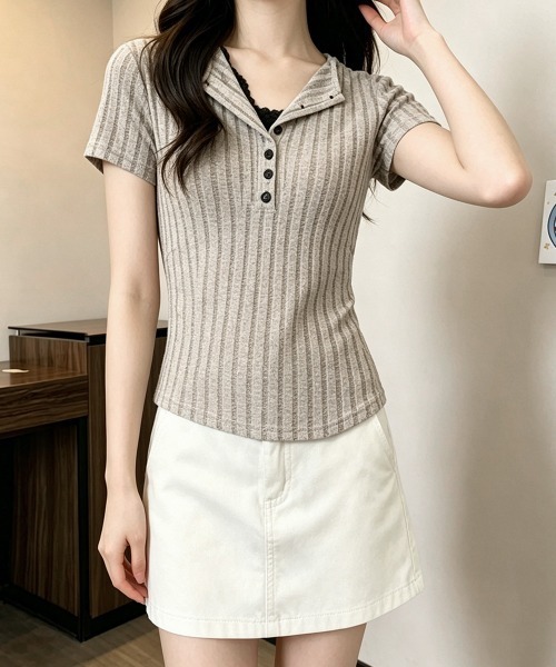 Miniministore（ミニミニストア）の「レースドッキングヘンリーネックリブトップ（Tシャツ/カットソー・レディース・グレイッシュベージュ/チャコールグレー・FREE）」の16枚目の写真