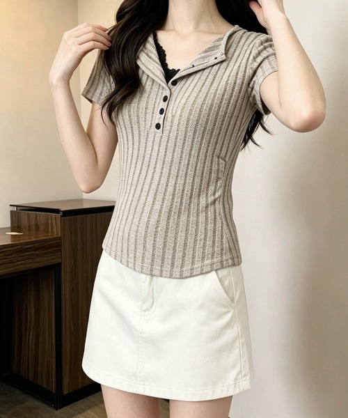 Miniministore（ミニミニストア）の「レースドッキングヘンリーネックリブトップ（Tシャツ/カットソー・レディース・グレイッシュベージュ/チャコールグレー・FREE）」の17枚目の写真