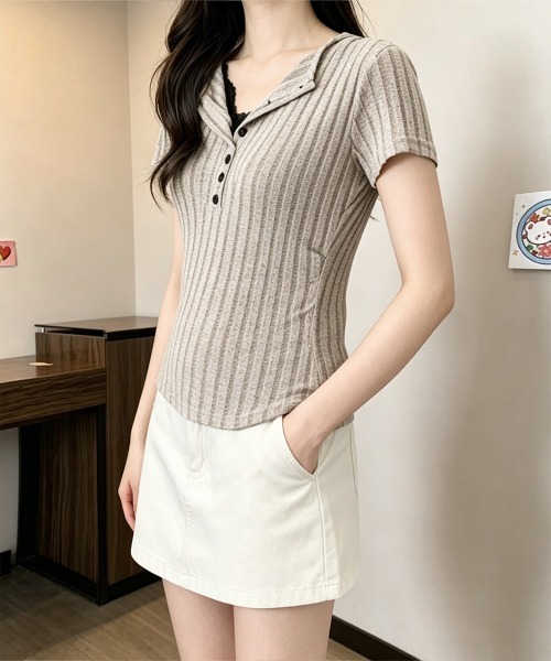 Miniministore（ミニミニストア）の「レースドッキングヘンリーネックリブトップ（Tシャツ/カットソー・レディース・グレイッシュベージュ/チャコールグレー・FREE）」の18枚目の写真