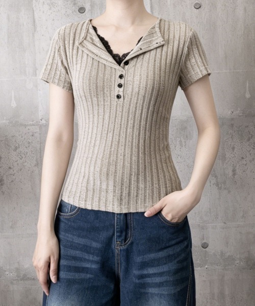 Miniministore（ミニミニストア）の「レースドッキングヘンリーネックリブトップ（Tシャツ/カットソー・レディース・グレイッシュベージュ/チャコールグレー・FREE）」の10枚目の写真