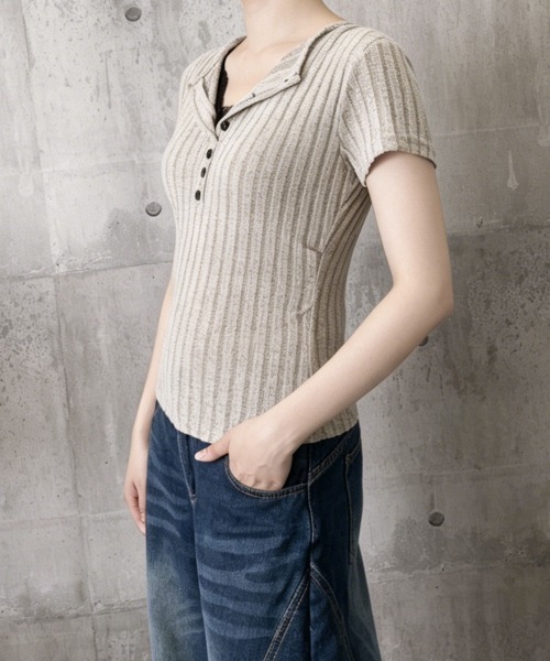 Miniministore（ミニミニストア）の「レースドッキングヘンリーネックリブトップ（Tシャツ/カットソー・レディース・グレイッシュベージュ/チャコールグレー・FREE）」の11枚目の写真