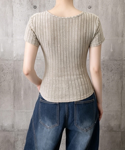 Miniministore（ミニミニストア）の「レースドッキングヘンリーネックリブトップ（Tシャツ/カットソー・レディース・グレイッシュベージュ/チャコールグレー・FREE）」の12枚目の写真