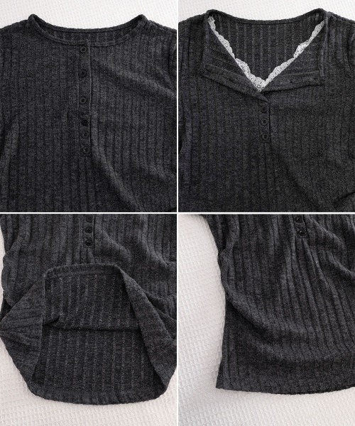 Miniministore（ミニミニストア）の「レースドッキングヘンリーネックリブトップ（Tシャツ/カットソー・レディース・グレイッシュベージュ/チャコールグレー・FREE）」の5枚目の写真