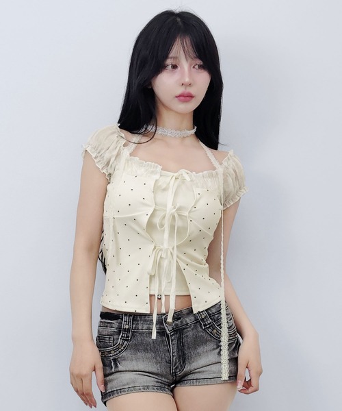 FOLLOWIN(フォロウィン)の「ドットシャーリングレースフリル袖トップス【レースマフラー付き】(Tシャツ/カットソー・レディース・アイボリー・FREE)」の11枚目の写真