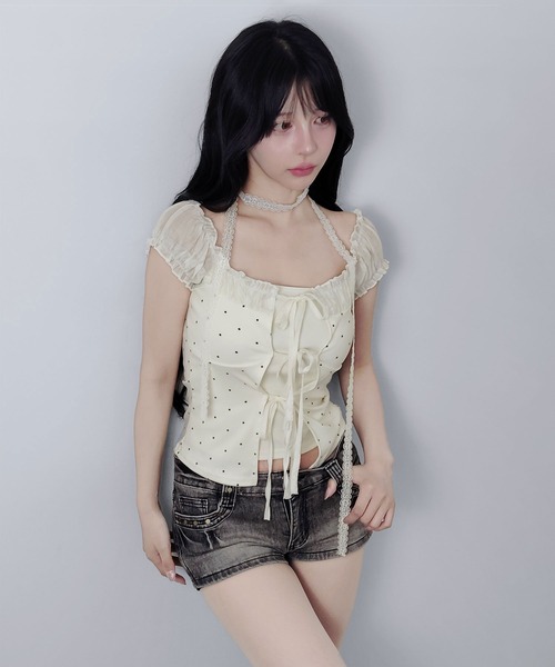 FOLLOWIN(フォロウィン)の「ドットシャーリングレースフリル袖トップス【レースマフラー付き】(Tシャツ/カットソー・レディース・アイボリー・FREE)」の12枚目の写真