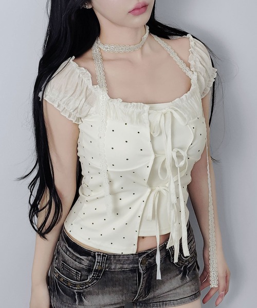 FOLLOWIN(フォロウィン)の「ドットシャーリングレースフリル袖トップス【レースマフラー付き】(Tシャツ/カットソー・レディース・アイボリー・FREE)」の2枚目の写真