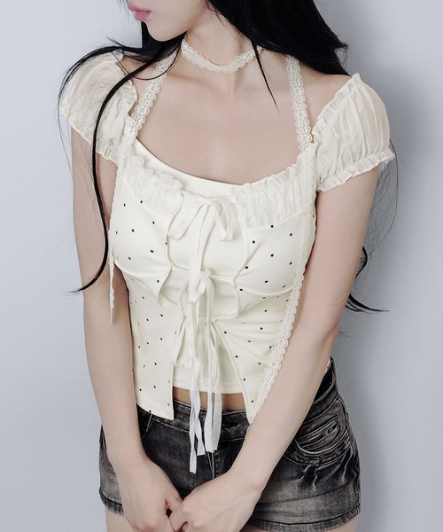 FOLLOWIN(フォロウィン)の「ドットシャーリングレースフリル袖トップス【レースマフラー付き】(Tシャツ/カットソー・レディース・アイボリー・FREE)」の3枚目の写真