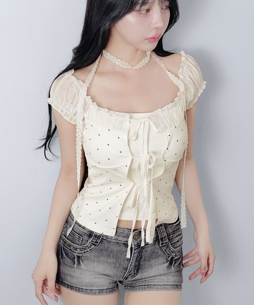 FOLLOWIN(フォロウィン)の「ドットシャーリングレースフリル袖トップス【レースマフラー付き】(Tシャツ/カットソー・レディース・アイボリー・FREE)」の4枚目の写真