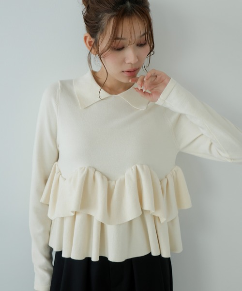 AMUU. PRECIEUSE(アムープレシューズ)の「ランダムフリルヘムポロニット(ニット/セーター・レディース・チャコールグレー/ブラック/アイボリー・FREE)」の13枚目の写真