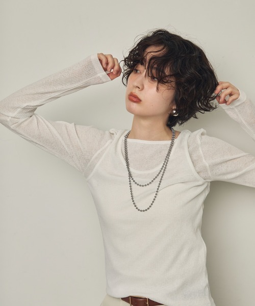 Trish(トリッシュ)の「シアーテレコレイヤード風2WAYプルオーバー(Tシャツ/カットソー・レディース・ホワイト/ブラック/ダークブラウン・MEDIUM)」の5枚目の写真