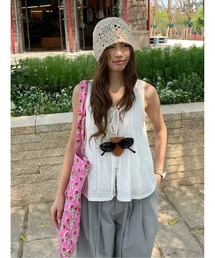 夏 軽量 通気性 リボンタイ ノースリーブ トップス