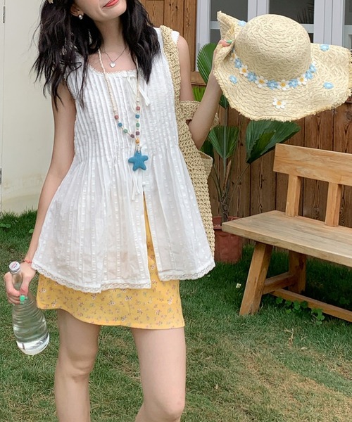 FREE STYLISTS(フリー スタイリスト)の「夏 軽量 通気性 リボンタイ ノースリーブ トップス(Tシャツ/カットソー・レディース・ホワイト・M)」の2枚目の写真