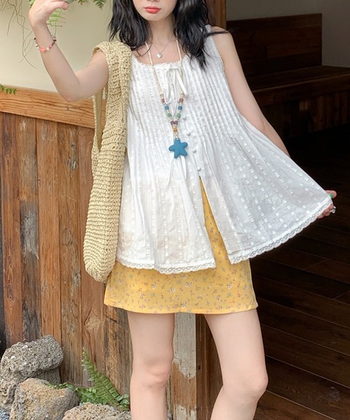 FREE STYLISTS(フリー スタイリスト)の「夏 軽量 通気性 リボンタイ ノースリーブ トップス(Tシャツ/カットソー・レディース・ホワイト・M)」の4枚目の写真