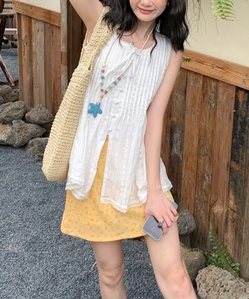 FREE STYLISTS(フリー スタイリスト)の「夏 軽量 通気性 リボンタイ ノースリーブ トップス(Tシャツ/カットソー・レディース・ホワイト・M)」の5枚目の写真