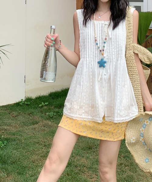 FREE STYLISTS(フリー スタイリスト)の「夏 軽量 通気性 リボンタイ ノースリーブ トップス(Tシャツ/カットソー・レディース・ホワイト・M)」の6枚目の写真