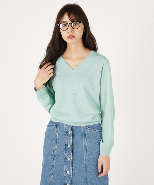 MOUSSY（マウジー）の「Chiffon sleeve POK（ニット/セーター・レディース・オフホワイト/ライトグリーン/ライトグレー・FREE）」の3枚目の写真