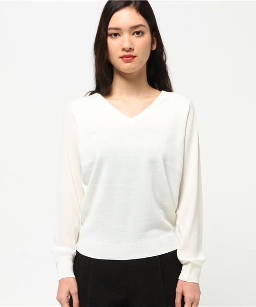 MOUSSY（マウジー）の「Chiffon sleeve POK（ニット/セーター・レディース・オフホワイト/ライトグリーン/ライトグレー・FREE）」の4枚目の写真