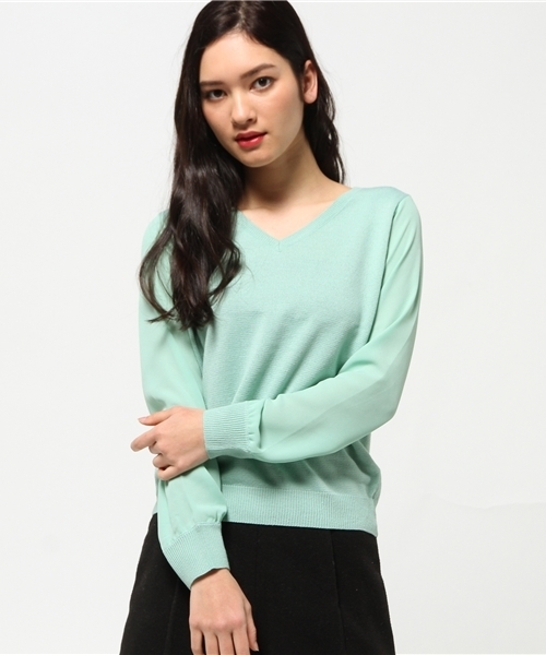 MOUSSY（マウジー）の「Chiffon sleeve POK（ニット/セーター・レディース・オフホワイト/ライトグリーン/ライトグレー・FREE）」の7枚目の写真