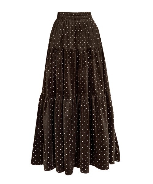 LUCPY(ラクピー)の「ドット柄ティアードロングフレアスカート(スカート・レディース・ブラウン/ブラック・LARGE/MEDIUM/SMALL)」の5枚目の写真