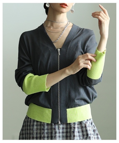 Sawa a la mode(サワアラモード)の「接触冷感配色リブシアーニットブルゾン(カーディガン/ボレロ・レディース・チャコールグレー/ブラック/グレイッシュベージュ・FREE)」の15枚目の写真