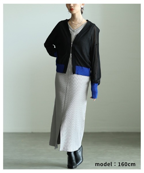 Sawa a la mode(サワアラモード)の「接触冷感配色リブシアーニットブルゾン(カーディガン/ボレロ・レディース・チャコールグレー/ブラック/グレイッシュベージュ・FREE)」の18枚目の写真
