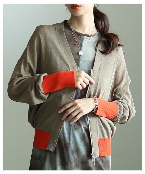 Sawa a la mode(サワアラモード)の「接触冷感配色リブシアーニットブルゾン(カーディガン/ボレロ・レディース・チャコールグレー/ブラック/グレイッシュベージュ・FREE)」の5枚目の写真