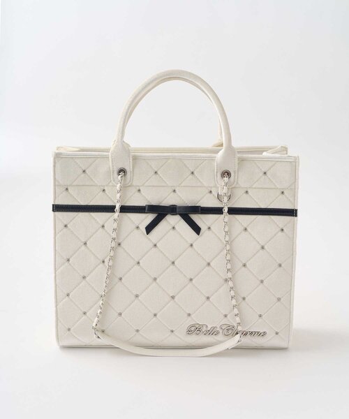 Belle Charme（ベルシャルム）の「【Belle Charme】Velour Quilted Ribbon Carry On Tote（トートバッグ・レディース・ピンク/オフホワイト/ブラック・FREE）」の4枚目の写真