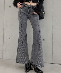 ラインストーンデザインフレアデニムパンツ