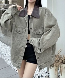 フェイクレザー襟切り替えビックシルエットデニムジャケット