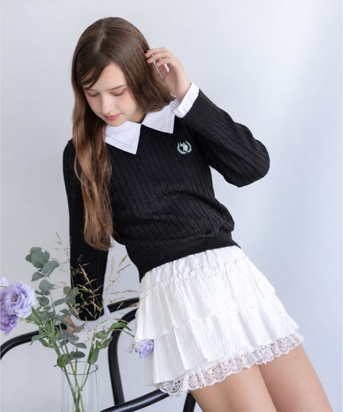 U.S. POLO ASSN.(ユーエスポロアッスン)の「【U.S. POLO ASSN.】clear 別注 シャツ襟ドッキングケーブルニットトップス(ニット/セーター・レディース・ブラウン/グレー/ブラック・F)」の2枚目の写真