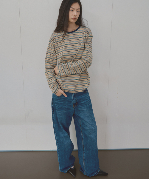 SIGREAT（シグレート）の「マルチストライプ オーバーサイズ Tシャツ ベージュ（Tシャツ/カットソー・レディース・ベージュ・FREE）」の2枚目の写真