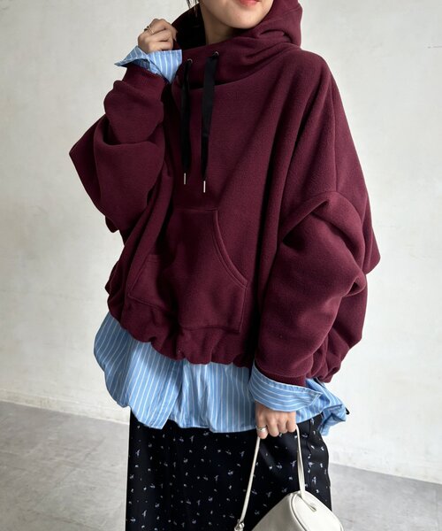 DouDou(ドゥドゥ)の「フリースフーディー(Tシャツ/カットソー・レディース・ボルドー/ダークブルー/ライトベージュ・FREE)」の3枚目の写真