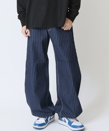 ヒッコリー ストライプ バレルレッグワイドデニムパンツ