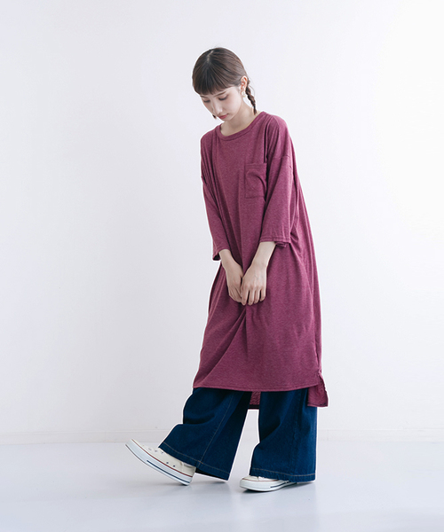 MERLOT（メルロー）の「ポケットスラブTシャツワンピース0041（ワンピース・レディース・チェリーピンク/オフホワイト/グリーン/ブラウン/ブラック・FREE）」の5枚目の写真