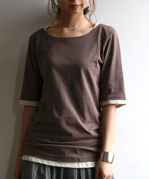 and it_(アンドイット)の「フェイクレイヤードくしゅくしゅシャーリング5分袖カットソー(Tシャツ/カットソー・レディース・ホワイト/ロイヤルブルー/ブラック×ホワイト/ブラック/パープル/チャコールグレー/ブラック×グレー/マスタード/杢グレー/グレー系その他/グリーン/クリーム/グレイッシュベージュ/カーキ/ネイビー/ダークオレンジ/ブルーグリーン/ワイン/イエロー/モカ/ミント/ブラック系その他2/ラベンダー/ベージュ/テラコッタ/ブラウン・L/M/XL/XXL/LL)」の9枚目の写真