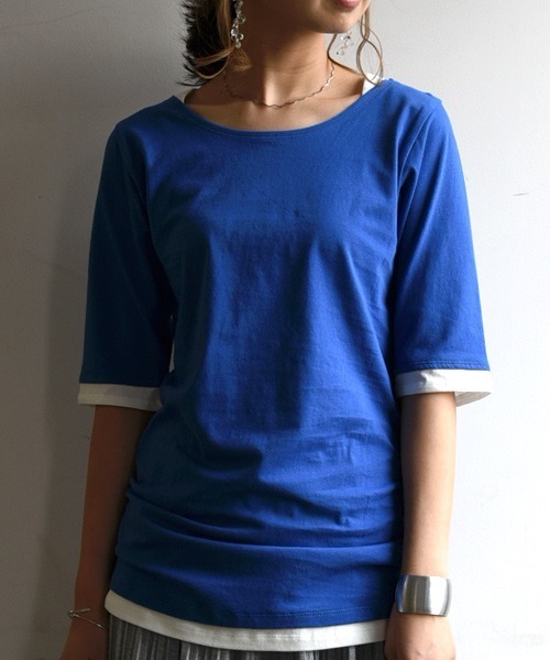 and it_(アンドイット)の「フェイクレイヤードくしゅくしゅシャーリング5分袖カットソー(Tシャツ/カットソー・レディース・ホワイト/ロイヤルブルー/ブラック×ホワイト/ブラック/パープル/チャコールグレー/ブラック×グレー/マスタード/杢グレー/グレー系その他/グリーン/クリーム/グレイッシュベージュ/カーキ/ネイビー/ダークオレンジ/ブルーグリーン/ワイン/イエロー/モカ/ミント/ブラック系その他2/ラベンダー/ベージュ/テラコッタ/ブラウン・L/M/XL/XXL/LL)」の20枚目の写真