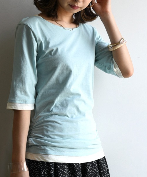 and it_(アンドイット)の「フェイクレイヤードくしゅくしゅシャーリング5分袖カットソー(Tシャツ/カットソー・レディース・ホワイト/ロイヤルブルー/ブラック×ホワイト/ブラック/パープル/チャコールグレー/ブラック×グレー/マスタード/杢グレー/グレー系その他/グリーン/クリーム/グレイッシュベージュ/カーキ/ネイビー/ダークオレンジ/ブルーグリーン/ワイン/イエロー/モカ/ミント/ブラック系その他2/ラベンダー/ベージュ/テラコッタ/ブラウン・L/M/XL/XXL/LL)」の17枚目の写真