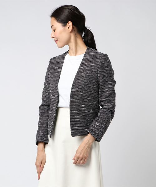 TRANS CONTINENTS(トランスコンチネンツ)の「ラメ入りツイード ノーカラージャケット(テーラードジャケット)」|ホワイト×ブラック