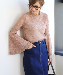 andme | レース ブラウス  フレアスリーブ ヴィンテージ風 刺繍 トップス(シャツ/ブラウス)